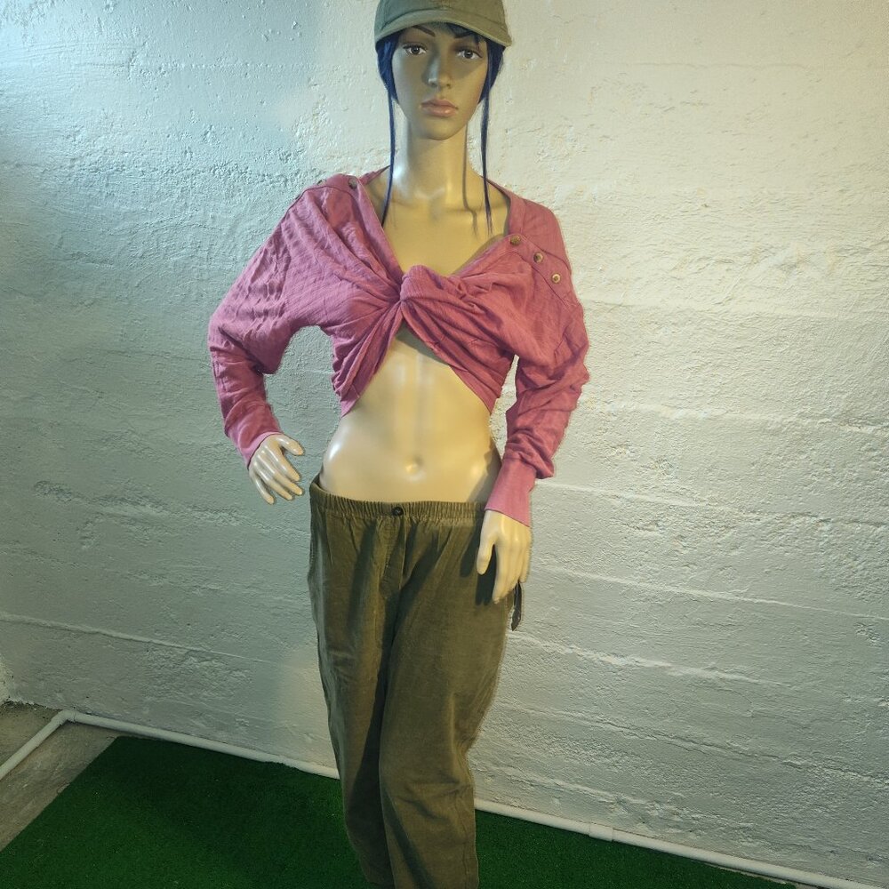 NWT IVY Olive Brown Corduroy Elastic Waist Pockets Loose Pants Petite Small